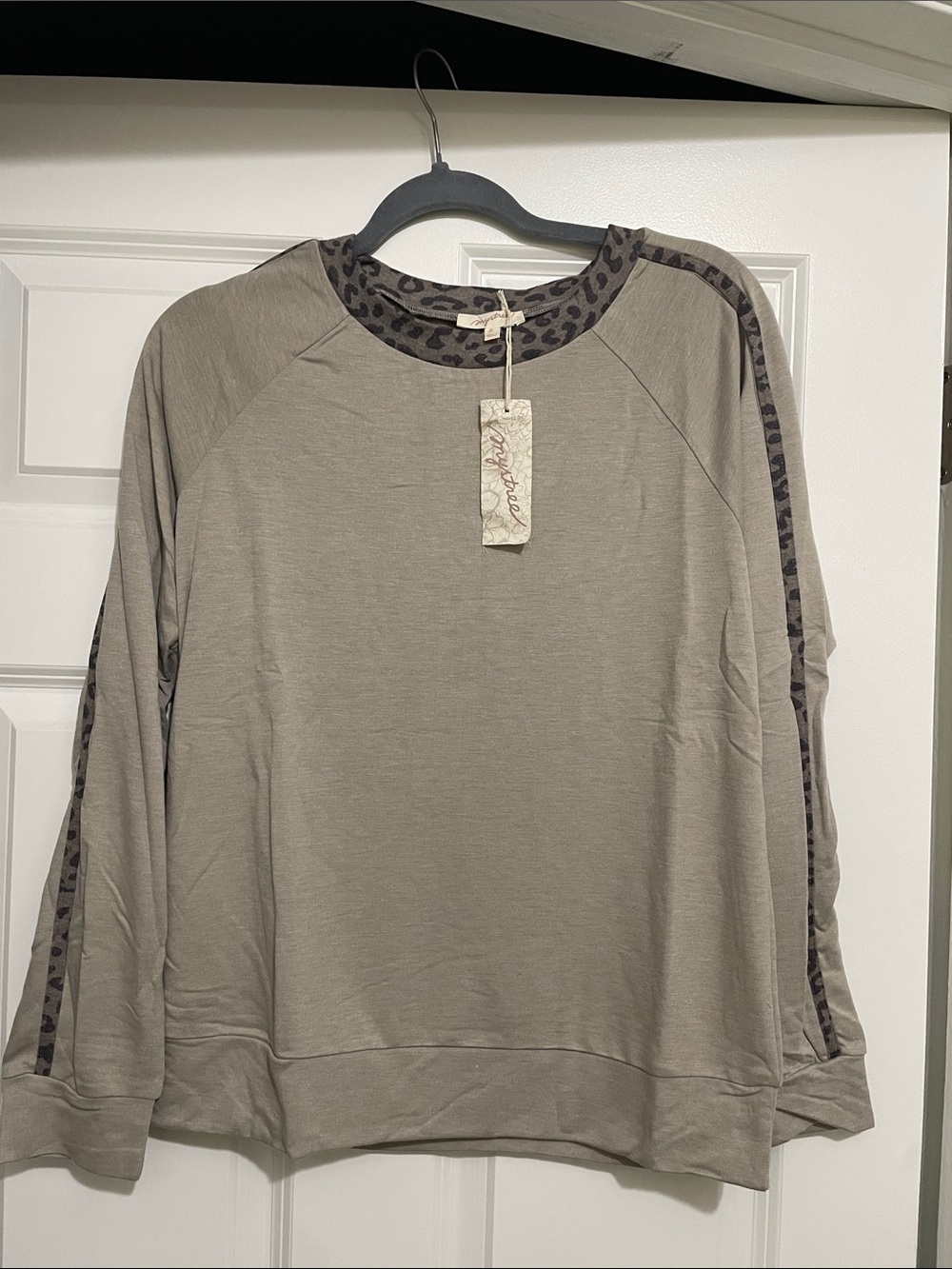 Mystree Taupe Pullover with Leopard-Trim Accents